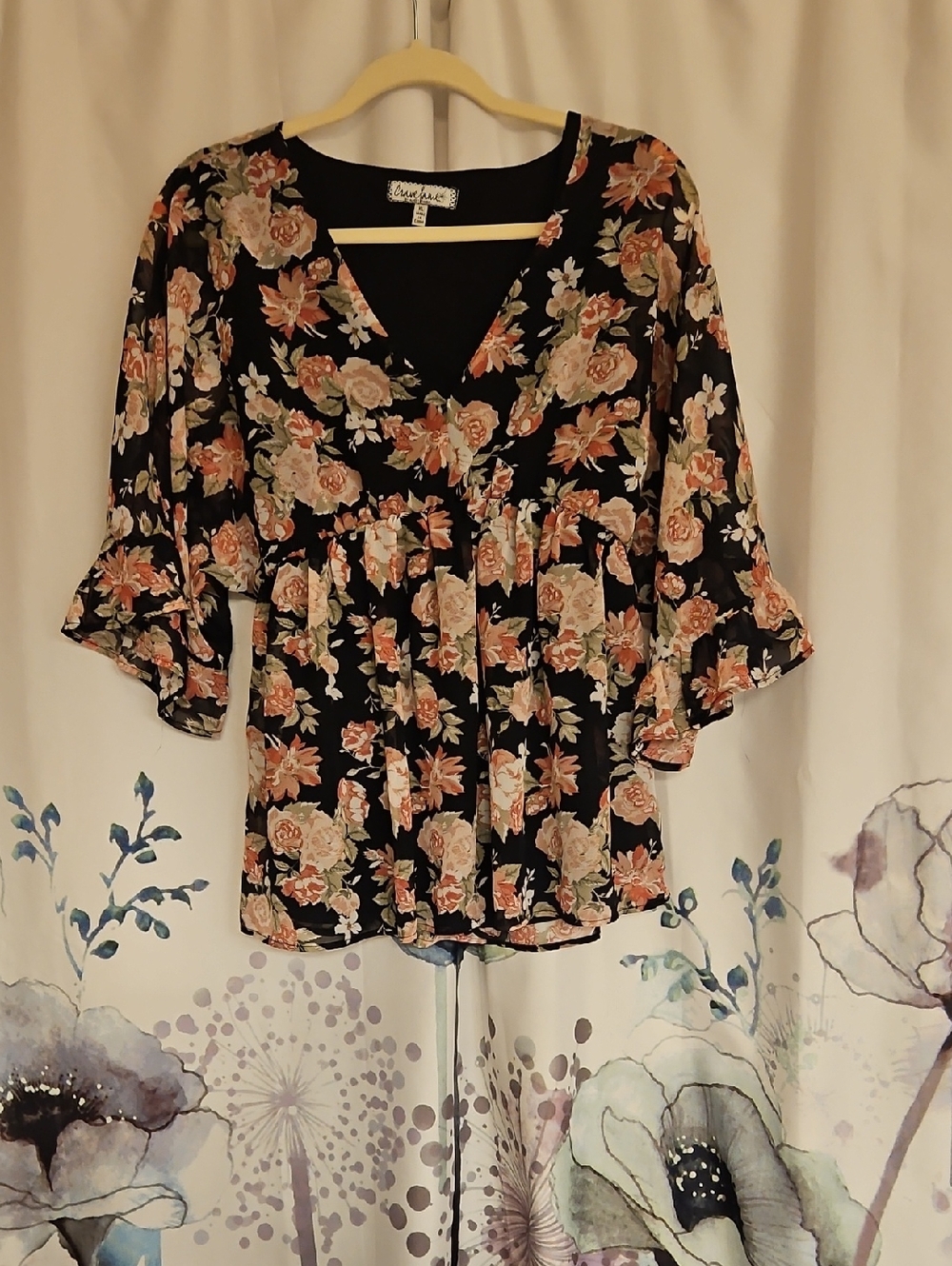 Crave Fame Black Floral V-Neck Peplum Blouse with Pink & Cream Roses